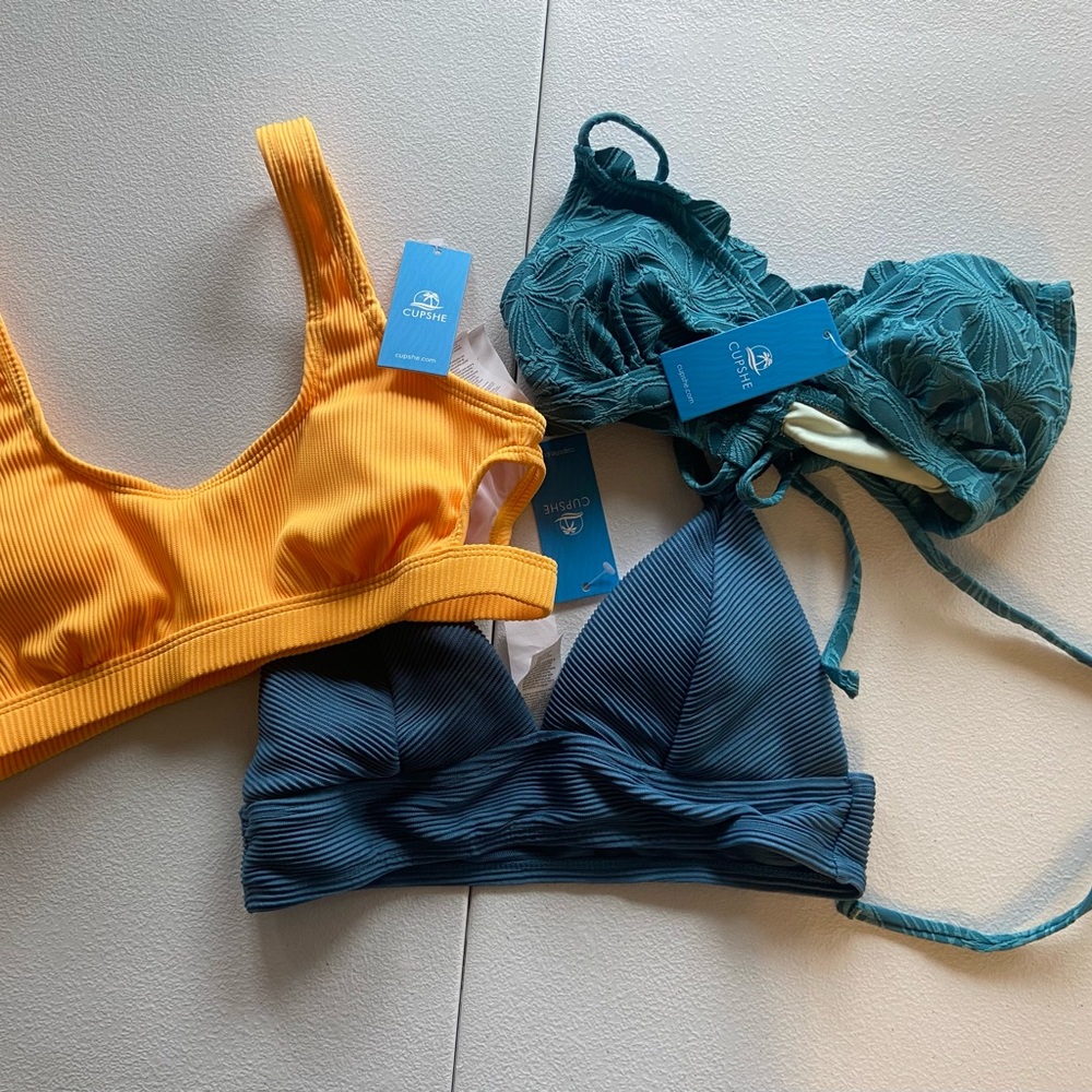 Cupshe lot of 3 Bikini Tops in Mustard Yellow, Teal, Slate Blue small